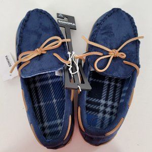 Sonoma Moccasin Slippers ~ Mens Size M (8-9) ~ Plaid fleece lining Navy Blue NEW